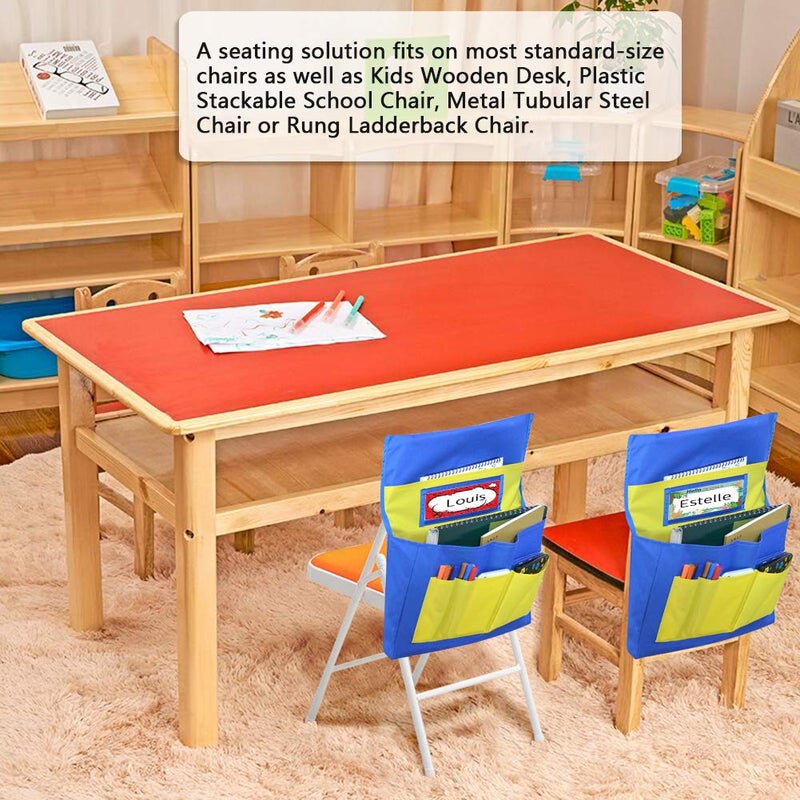 EAMAY Seat Storage Pocket, Chairback Buddy Pocket Chart Organizer with Name tag and 6 Storage Pockets, Blue and Yellow - Image 2